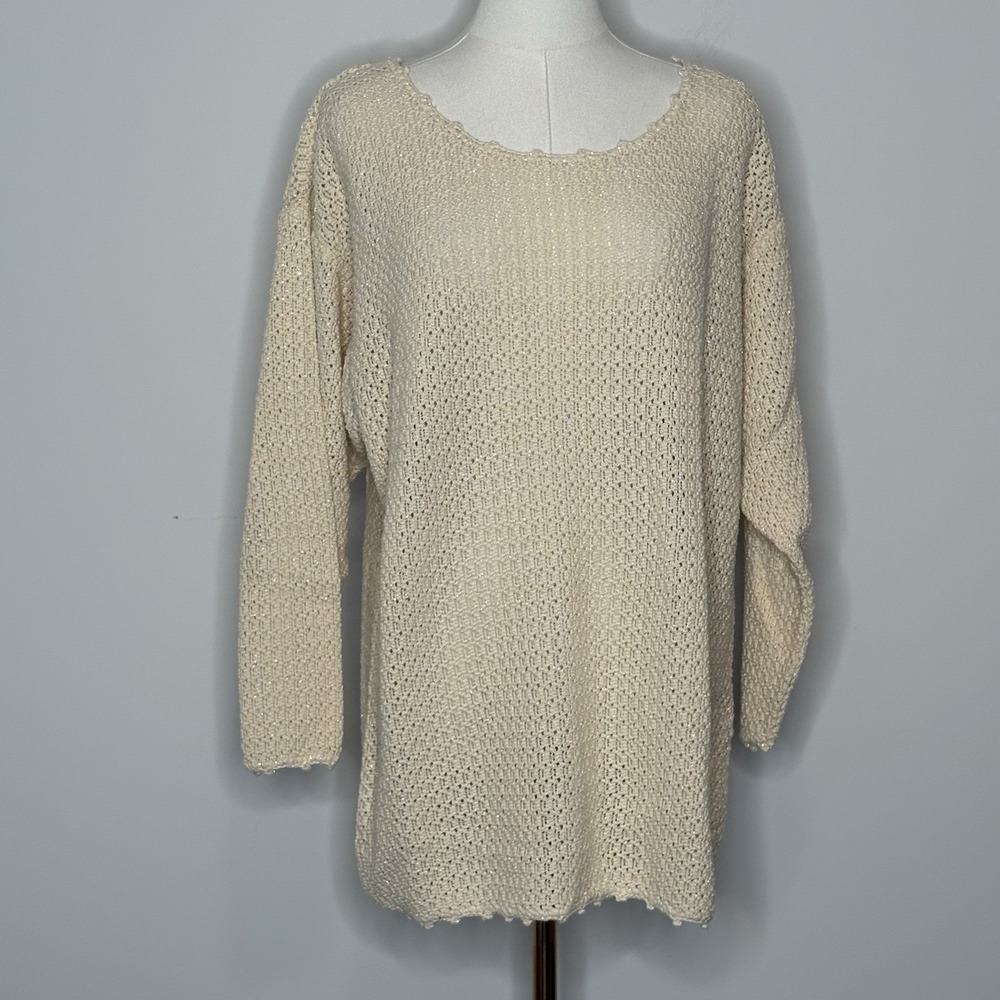 Vintage Liz Sport Beige Open Knit Sweater Metallic Shimmer Pullover Large